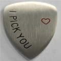 Brushed titanium steel guitar pick engraved with I PICK YOU and a red heart icon - I Pick You Vertical Style (AL326)