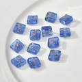 Handmade blue square lampwork glass beads with pink flower patterns for jewelry making - Transparent Blue
