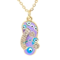 Gouden ketting met paarse flip-flop hanger versierd met blauwe boze ogen en glinsterende kristallen - Goud-Paars