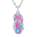 Pink enamel flip-flop pendant necklace with evil eye and sparkling zircon stones - Platinum-Rose Red