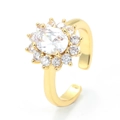 Detail eines verstellbaren Goldrings mit ovalem weißen Zirkonia-Halo und Sonnenblumen-Design - Einstellbar Offen / Gold-Weiß