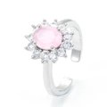 Nahaufnahme eines verstellbaren Silberrings mit einem ovalen rosa Zirkon-Stein - Einstellbar Offen / Platin-Rosa