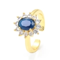 Bague dorée ajustable avec pierre bleue ovale et accents de zircon blanc - Ouvert Réglable / Or-Bleu Foncé