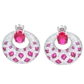 Retro palace style earrings with oval red synthetic ruby and silver hollow metal frame - Ruby Hollow Style