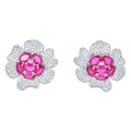 Vintage rose floral stud earrings with ruby-pink gemstones and silver crystal petals - Fuchsia Floral