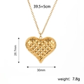 Detail view of gold quilted heart pendant with 39.5+5cm adjustable chain and measurements - Quilted Heart Style / Gold