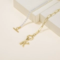 French style gold pearl necklace with paperclip chain and letter K pendant and OT toggle clasp - Letter K