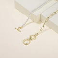 Gold OT clasp pearl necklace and paperclip chain jewelry in elegant light gold finish - Letter O