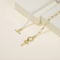 Chic OT clasp necklace with pearl and paperclip chain featuring a gold cross pendant - Letter T