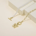 Gold paperclip chain and pearl necklace with letter W pendant and OT toggle clasp - Letter W