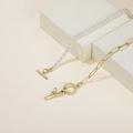 Gold paperclip chain with letter Y pendant and pearl necklace set with OT buckle - Letter Y