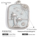 Silver stainless steel rectangular pendant with blue enamel tropical palm tree design - Blue Enamel Island Rectangular Charm(PJ93670C)