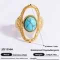 Bague en acier inoxydable plaqué or 18K avec texture martelée et pierre turquoise - Ouvert Réglable / Style Texture Turquoise Ovale (JZ21356A)