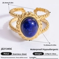 Bague en acier inoxydable plaqué or 18K avec une pierre naturelle ovale bleu foncé - Ouvert Réglable / Style de pierre bleue double couche (JZ21345C)