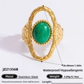 Bague vintage en acier inoxydable doré avec pierre verte et texture martelée unique - Ouvert Réglable / Style martelé en pierre verte ovale (JZ21356B)