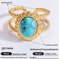 Bague rétro en acier doré 18K avec pierre turquoise et double anneau à texture perlée - Ouvert Réglable / Style de pierre à veines bleues double couche (JZ21345A)