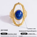 Bague rétro en acier inoxydable martelé sertie d'une pierre marbrée bleu foncé - Ouvert Réglable / Style martelé en pierre à veines bleues ovale (JZ21356D)