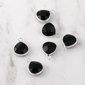 Set of six faceted black heart-shaped pendants with silver metal frames for DIY jewelry - Silver Edged Obsidian