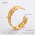 Golden hammered leaf pattern stainless steel open cuff bracelet with size measurement details - Hammered Wave Style (SZ61060) / 18K Gold Plated / Gold