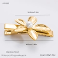 Pinza para el pelo de flor dorada en acero inoxidable con perla central fina - Pinza De Pato De Flor De Cinco Pétalos / Dorado (FS71022)