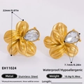 Golden stainless steel flower stud earrings with teardrop crystal and 18k gold plating - Flower Petal Waterdrop Style (EH11024) / 18K Gold