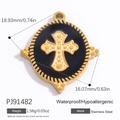 Golden stainless steel round cross charm with black enamel and 18k gold plating - Cross Round (PJ91482)