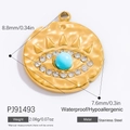 Ciondolo occhio del male in acciaio inossidabile placcato oro 18k con pietra blu - Piastra Rotonda Malocchio Martellato (PJ91493)
