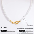 Waterproof 18k gold stainless steel necklace with 6.1mm white pearls and spring clasp - Round Pearl Style (XL31411)