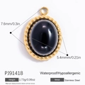 Pendentif ovale en acier inoxydable plaqué or 18k avec pierre noire et bord perlé - Pendentif Ovale Couleur Agate Noire (PJ91418)