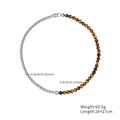 Macro detail of tiger eye beads and metal box chain with measurements and lobster clasp - Tiger Eye Silver Stitch Beaded Necklace (STN245-ST-Y)