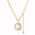 Collana di perle retrò francese con catena asimmetrica in acciaio al titanio e zirconi - Stile Strass Catena Asimmetrica Perla Nido d'Uccello (N2164-GO)