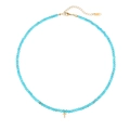 Collana di perline azzurre con ciondolo a croce dorata e intarsio di zirconi - Stile Lettera T (N2712-GO-T)