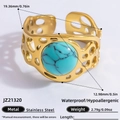 Adjustable 18k gold plated stainless steel ring with a round blue natural stone inlay - Turquoise Texture Irregular Hollow Style (JZ21320)
