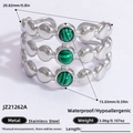 Vintage silver-plated stainless steel triple-row ring with green natural stone inlays - Malachite Three Layer Silver Style (JZ21262A)
