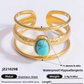Golden stainless steel open ring with turquoise inlay and hammered hollow texture - Oval Turquoise Hammered Three Layer Style (JZ21029B)