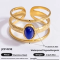 Three-layer 18k gold plated stainless steel ring with blue oval natural stone - Oval Dark Blue Gemstone Hammered Three Layer Style (JZ21029E)
