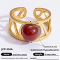 18k gold plated stainless steel open ring with a large red stone and V-pattern band - Red Gemstone Hollow Geometric Style (JZ21358A)