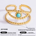Golden stainless steel adjustable ring with turquoise stone and beaded wave texture - Turquoise Round Beaded Band Style (JZ21028B)