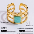 Golden titanium steel open ring with square turquoise gemstone and chain link design - Square Turquoise Three Layer Style (JZ21090D)