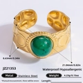 Vintage 18k gold plated stainless steel open ring featuring a round green stone inlay - Large Malachite Hammered Band Style (JZ21353)