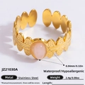 Adjustable 18k gold plated stainless steel ring with an oval pink natural stone - Pink Gemstone Leaf Textured Style (JZ21030A)
