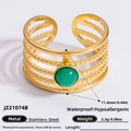 Golden multi-layer stainless steel ring with green natural stone in wide band design - Green Oval Gemstone Four Layer Style (JZ21074B)