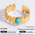 Vintage 18k gold plated stainless steel open ring with oval blue turquoise stone - Turquoise Leaf Textured Style (JZ21030B)