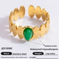 18k gold plated stainless steel open ring with oval green stone and leaf texture - Green Gemstone Leaf Textured Style (JZ21030C)