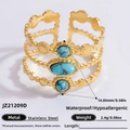 Multi-layer hollow stainless steel ring in gold with three green turquoise stones - Three Turquoise Multi Layer Wave Style (JZ21209D)