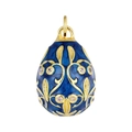 Pendente uovo stile Fabergé in smalto blu scuro con motivi dorati e zirconi cubici - Ciondolo Vite Blu Scuro E Catena a Labbro