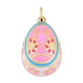 Pendente a uovo stile Fabergé in smalto rosa con fiori e finiture dorate - Ciondolo Misto Rosa Blu E Catena a Labbro