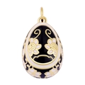 Ciondolo a forma di uovo stile Fabergé in smalto nero con fiori bianchi e oro - Ciondolo Floreale Nero Bianco E Catena a Labbro