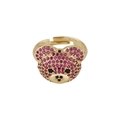 Adjustable gold plated bear ring with pavé red zircon micro-inlays for women - Red Pave Bear (Style 5)