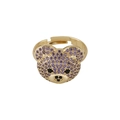 Adjustable gold plated bear ring with purple cubic zirconia micro-pave stones - Purple Zirconia Bear (Style 6)